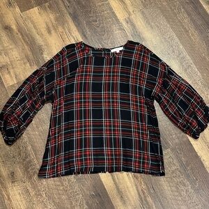 Loft holiday plaid sleeve blouse womens size large black‎ and red festive